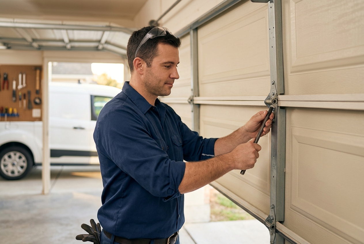 Licensed technician repairing a residential garage door